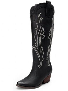 Women,s Black Faux leather Cowgirl Knee High Boots Retro Tall with Side Zipper